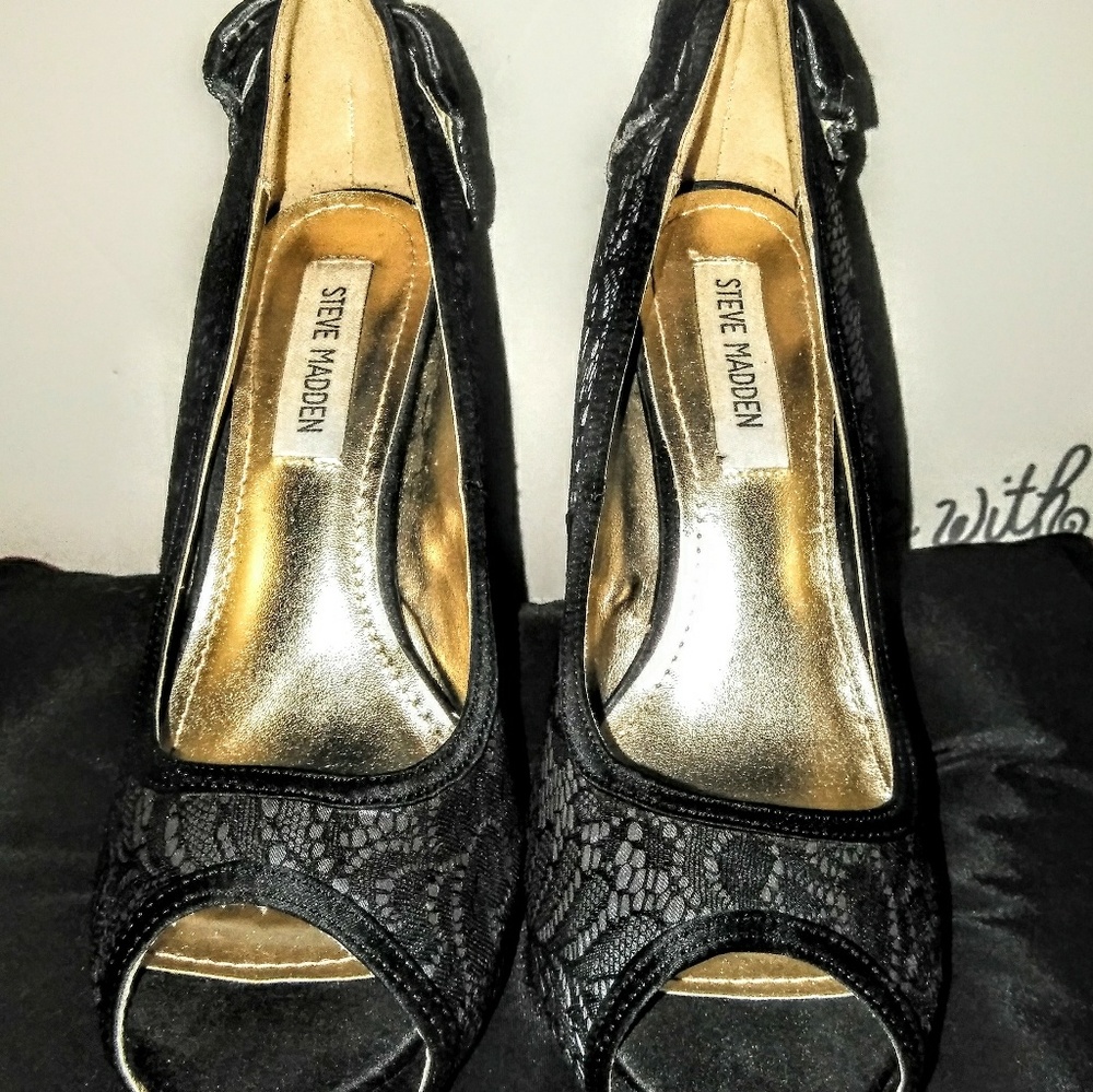 Black Satin & Lace peep toe Steve Madden stilletto